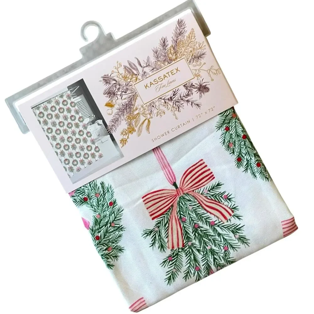 Kassatex Christmas Wreath Bow Fabric Shower Curtain 72x72 Chic Holiday Bath NEW